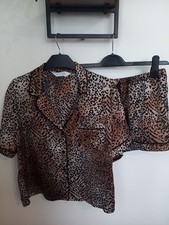 Womens Silk Feel Leopard Print Pyjamas Top & Shorts Primark Size S (12)