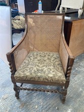 Vintage Antique Brown Wooden Barley Twist Wicker Arms Back Armchair Fabric Seat