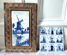 2 Vintage Delft Blue Tiles 1 Large Wall Hanging in Copper Frame + Smaller Tile