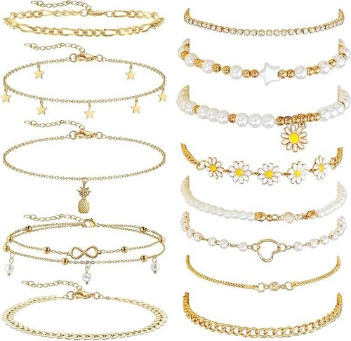 13pcs gold anklet set layered - anklet,