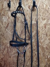 English Leather Show Bridle, Bit & Reins,Cob Size.Black(Ref:61Y)