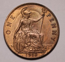 1913 UK Great Britain Penny Coin George V  KM# 810 AU