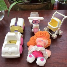 Smooshees Beth with dress, her Bike, Car & trailer and buggy Fisher Price 1980s