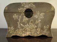 Vintage wooden box/casket  papered with toile de jouy  design & metal fastening 