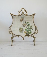 Brass Fire Screen Rare Victorian Mirrored Hand Painted Flowers