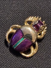 Stunning Egyptian Revival Gold Tone, & Iridescent Purple Beetle Brooch 