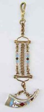 VICTORIAN POWDER HORN WATCH FOB - Blue, Red & White Inlaid Enamel - Triple Chain