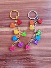 Long Rainbow Hearts Keyring Handmade Resin Sparkly Hearts By GlitzyByLita