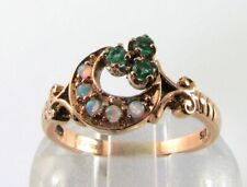 9K 9CT ROSE GOLD COLOMBIAN EMERALD OPAL SUN MOON EARTH ART DECO INS RING Size L