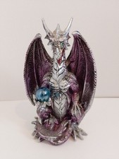 Dragon Holding A Crystal Ball Silver Dragon With Purple Highlights 8 In Tall