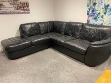 Large Black Leather Corner Sofa + Armchair + Footstool (PTP)