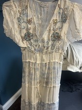 Vanilla Wild Flower Cream & Blue Beaded Bohemian Maxi Dress Small