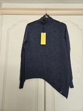 Karen Millen Size 2 (8/10) Navy Asymetric Roll Hem Faux Leather Pad Jumper