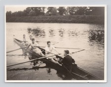 Old B&W Photo Boys Rowing River Boat Oars Cox (A1)