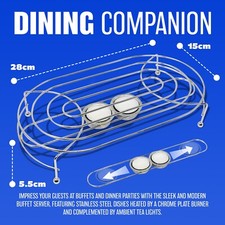 NEW DOUBLE FOOD DISH WARMER CHROME PLATE HEAT WARM + 2 FREE CANDLE SERVING TABLE