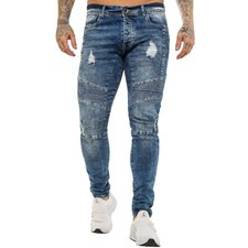 Enzo Mens Biker Jeans Slim Fit Stretch Denim Trouser Ripped Skinny Pant UK Sizes