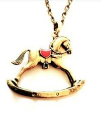 UNIQUE Antique Bronze Metal Tone Rocking Horse with Red Saddle Pendant on Chain