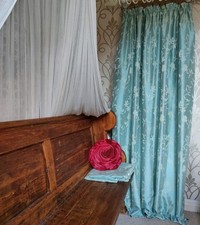 2 x Turquoise Curtains. Leaf pattern. Each is 138cmW x 187cmL or 54"W x 74"D.