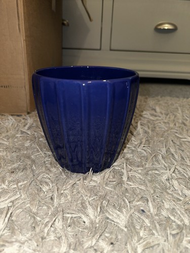 Blue ribbed ceramic - planter, or