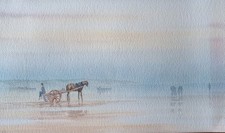 Artist Signed Watercolour Whitby Yorkshire Coast Seascape Horse Cart 51.5x30cm