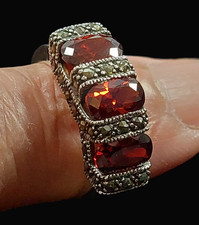 Antique Design 925 Sterling Silver Garnet Trio Ring sz P Lovely Quality