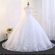UK White/Ivory Beaded Lace Bridal V Neck Ball Gown Wedding Dresses Size 6-22