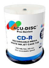 100 ACU-DISC Pro-Series CD-R White Inkjet 52x 700MB/80mins Blank Discs Cake Tub