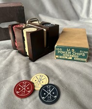 Complete Set: 1900 Design Antique Clay Poker Chips Engraved w/Golf Bag & Clubs