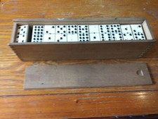 Vintage Set Of Double Nine Ebony & Bovine Bone Dominoes In Wooden Box