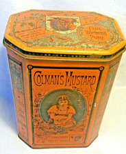 Vintage Orange Colmans Mustard Tin Bulls Head Octagonal Rustic Old