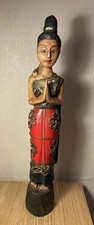 Sawasdee Thai Ethnic Lady Wooden Carved Hand Painted Figure 15” Tall Decorative