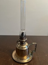 Vintage Handheld Brass Oil Lamp ,Chimney Has Stamp , Stamp In The Base, Handle