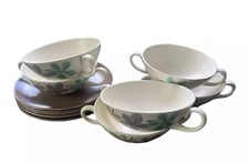 x5 Poole Pottery Twin Tone Soup Bowls & Saucers Falling Leaves Brown Cream