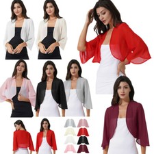 UK Women Ladies Cardigan Chiffon Top Open Front Bolero Shrug 3/4 Sleeve Crop Top