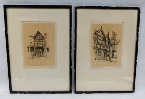 Pair vintage lithograph prints - pair,
