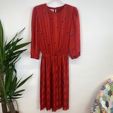 Berkertex Dress Size 14 Red  Floral Print Midi Pleated Skirt Vintage 80s 90s 