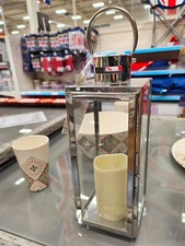 32cm Modern LED Stainless Steel Lantern Silver Lantern Glass Handing Garden Hold