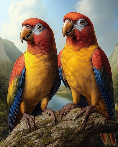 Two scarlet macaws - two, perched