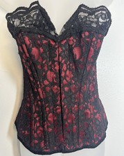 VOLLERS Corset Sz 36 EUR 24 US Red Satin Black Lace XS to M Cinch Up Romantic