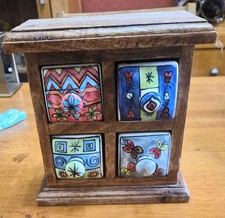 SMALL  WOODEN CHEST WITH 4 CERAMIC DRAWERS FOR TRINKETS /SPICES /JEWELLERY