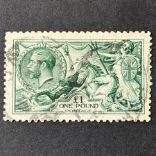 1913 GB KGV £1 Green Seahorse SG403 Used - Top Re-perf - Great Space Filler