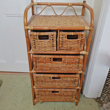 Vintage Bamboo Cane & Wicker Rattan Chest of Five Drawers Storage Unit