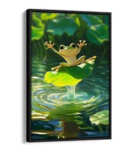 FUNNY FROG JUMPING ON LEAF IN POND FLOAT EFFECT FRAME CANVAS ART PIC PRINT
