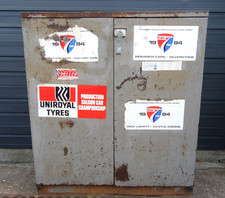 Vintage Reclaimed Heavy Duty Industrial Garage Metal Cabinet Storage w/Stickers