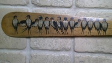 LARGE ANTIQUE' BAMBOO' NEWSPAPER/PAGE TURNER. 15 PAINTED SWALLOWS ON A WIRE.