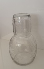 VTG Floral Etched Tumble Up Bedside Water Carafe& Tumbler  Set Clear Glass #9 