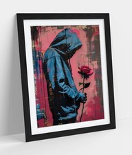 BANKSY SAD GUY WITH A ROSE GRAFFITI -FRAMED WALL ART POSTER PAPER PRINT