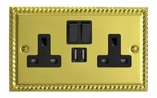 Varilight XG5U2SB Georgian Polished Brass 2 Gang Double 13A Plug Socket 2.1A USB