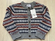BNWT Zara Girls Knitted Buttoned Cardigan Age 6-7, Grey, Navy, Burgundy Pattern