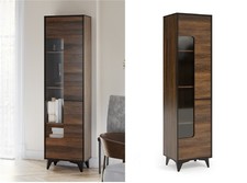 Glass Display Cabinet Tall Mid Century Modern Slim Unit Dark Walnut Black Frida